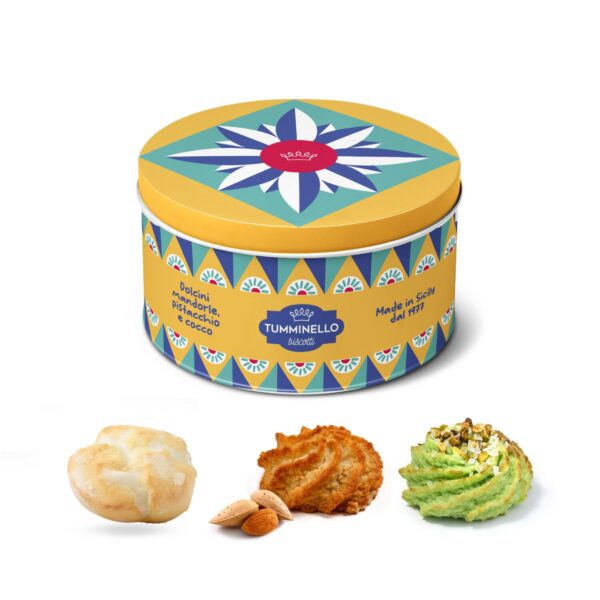 Tumminello | Dolci Morbidi Ripieni Sicilia | Praline Cocco e Ricci Pistacchio | Dolci Morbidi Ripieni Mandorle | Finzia Latta Metallo Dolci Pasta Mandorle - 120 Gr