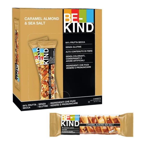 Be-Kind® | Barretta Proteica Mandorle, Caramello e Sale Marino | Merenda Mandorle e Caramello Salato | Snack Frutta Secca | Snack Proteine - 12 Barrette