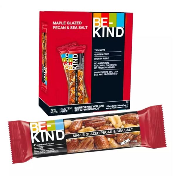 Be-Kind® | Barretta Noci Pecan Glassate Acero e Sale Marino | Merenda Noci Pecan & Sale | Snack Noci Glassate Acero e Sale | Snack Proteine - 12 Barrette