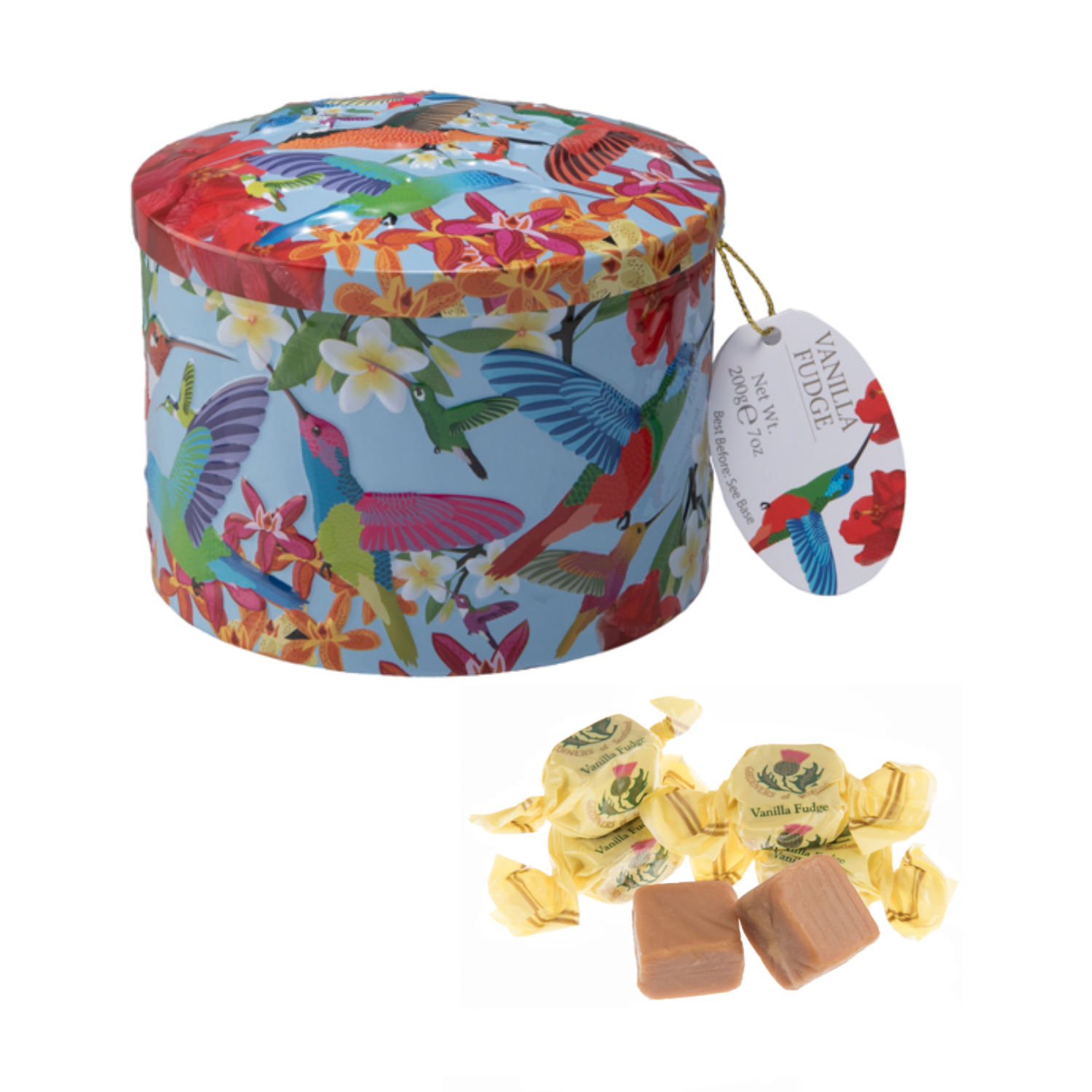 Gardiners of Scotland | Fudge Lattina Metallo Decori Colibrì | Caramelle Fudge Inglesi Panna Latte - 200 Gr | Vanilla Fudge Lattina Stampe Colorate