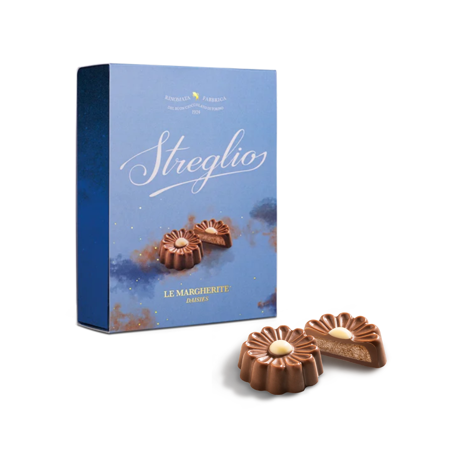 Streglio | Cioccolatini Assortiti Scatola Regalo | Le Margherite Cioccolatini al Latte con Pralinato Nocciole - 100 Gr