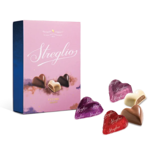 Streglio | Cioccolatini Assortiti Scatola Regalo | Praline Cioccolato Bianco e Mandorle, Fondente al Lampone, Latte con Caramello - 100 Gr