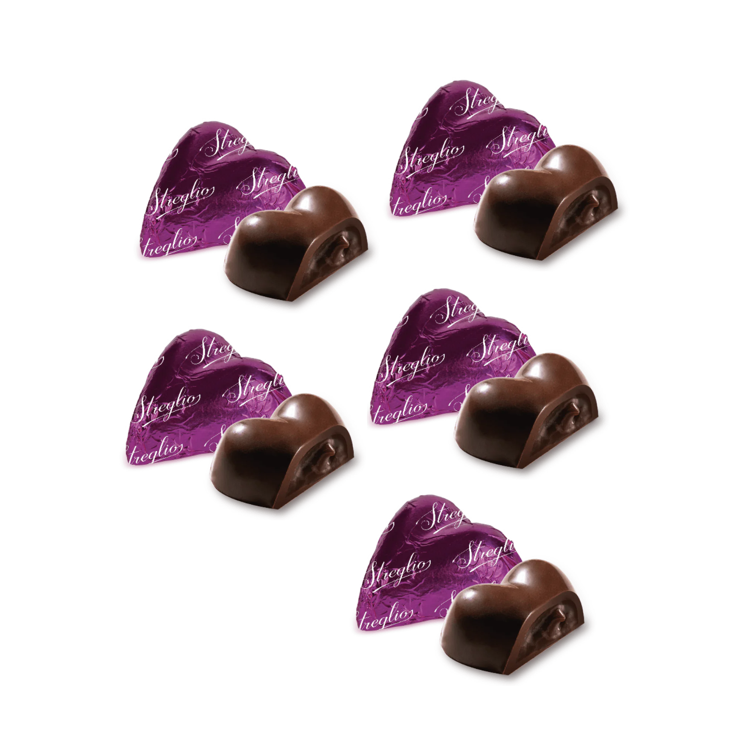 Streglio | Cioccolatini Fondenti con Ripieno Caramello e Lampone - 1 Kg (Circa 100 Cioccolatini) | Pralina Fondente Cuore Caramello Lampone