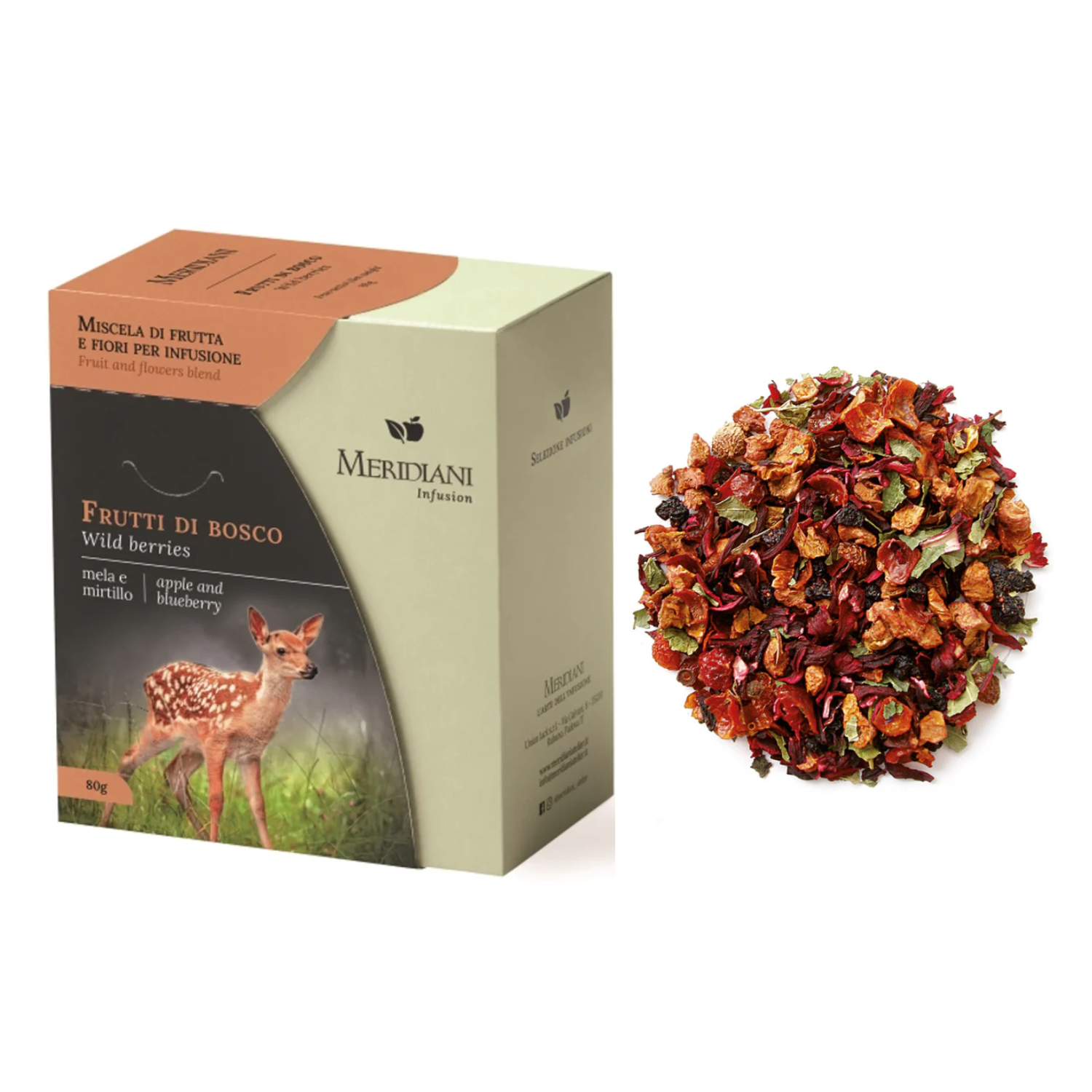 Meridiani® | Frutti di Bosco Miscela Frutta e Fiori per Infusione | Dolce Mix Mela, Mirtillo, Sambuco, Mora e Ribes Senza Caffeina - (80 Gr)