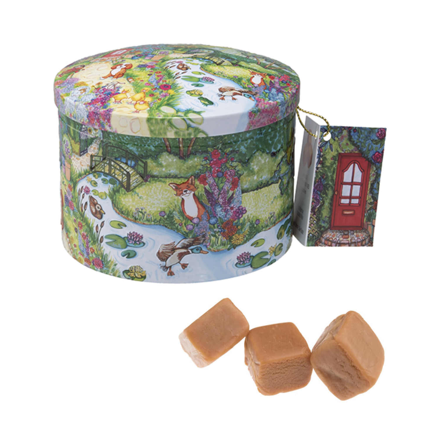 Gardiners of Scotland | Fudge Lattina Metallo Decori Giardino | Caramelle Fudge Inglesi Panna Latte - 200 Gr | Vanilla Fudge Lattina Stampe Primavera