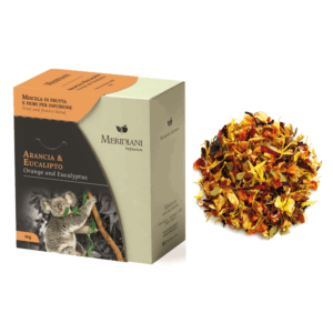 Meridiani® | Arancia Eucalipto Miscela per Infuso | Tisana Arancia Eucalipto Ibisco Rosa Canina Limone Senza Caffeina - (80 Gr) | Miscela Fruttata Gusto Delicato