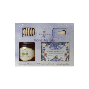 Brezzo | Cofanetto Regalo Notte Stellata | Miele Italiano di Tiglio 250 Gr + Spargimiele in Legno + Tisana Rilassante Sera Serena (20 Filtri)