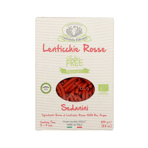 Rustichella d'Abruzzo | Sedanini di Lenticchie Rosse | Pasta Corta Farina Lenticchie Rosse BIO Senza Glutine - 1 x 250 Gr | Pasta Italiana Artigianale Vegana Ricca Fibre