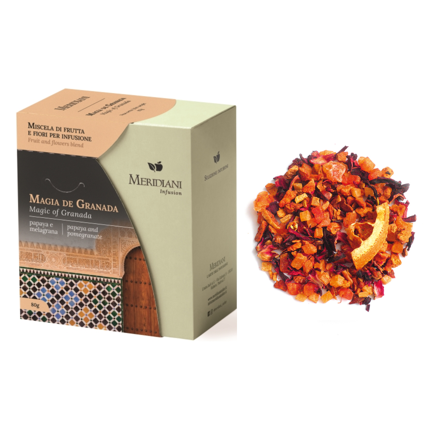 Meridiani® | Magia de Granada Miscela Frutta e Fiori | Infuso Fruttato Papaya Melagrana Mango Arancia - (80 Gr) | Miscela per Infusione Senza Caffeina