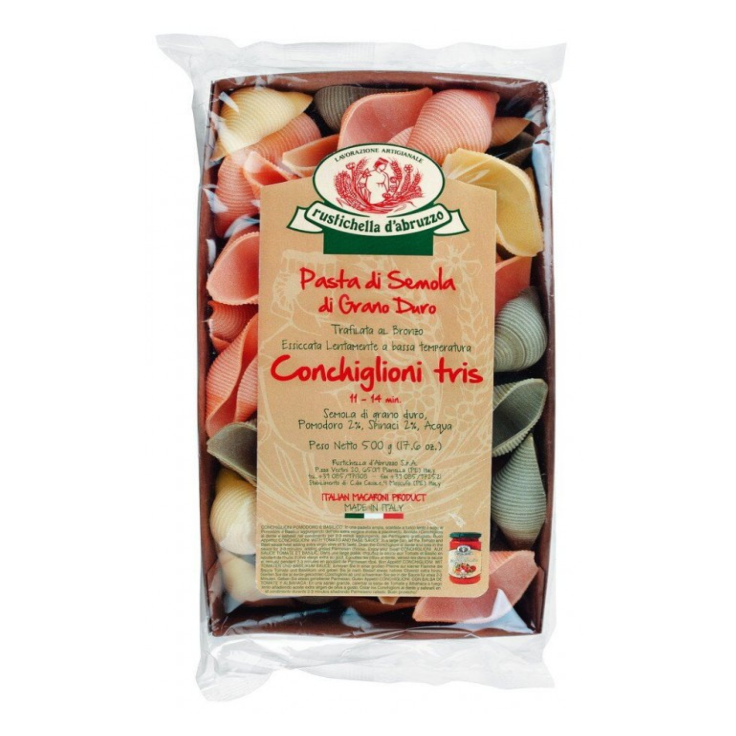 Rustichella d'Abruzzo | Conchiglioni Tricolore Semola Grano Duro con Pomodoro e Spinaci | Pasta Trafilata Bronzo Artigianale Essiccata Lenta - 1 x 500 Gr