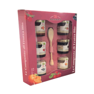 Brezzo | Cofanetto Regalo Composte Frutta BIO | 6 Mini Vasetti Composte Albicocche Ciliegie Mirtilli Fragole More Arance + Cucchiaio Legno