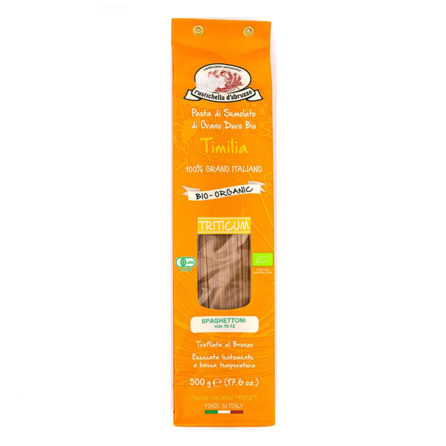 Rustichella d'Abruzzo | Spaghettoni Pasta Semolato Grano Duro BIO Timilia | Pasta Trafilata Bronzo Essiccata Lenta Bassa Temperatura - 1 x 500 Gr